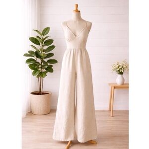 🎅 3/$15 SALE Japna Linen Tie Back Wide Leg Jumpsuit - Beige - Size Small - NWT